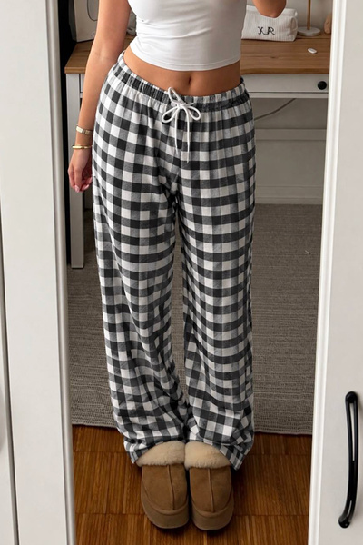 İlayda Toprak Plaid Black Checkered Loose Fit Elastic Waist Lace-Up Comfortab...
