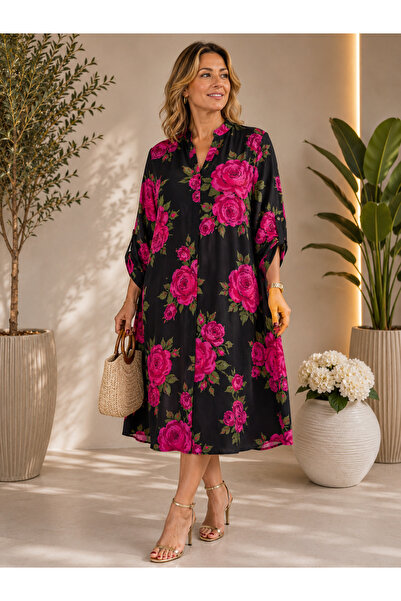 MENSAR OTANTİK Pleated front viscose dress with rose detailing. standard size...