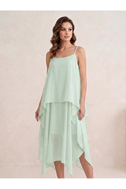Lovely butik فستان ميدي أنيق غير متماثل مع تفاصيل طبقاتية وحزام من الخيط