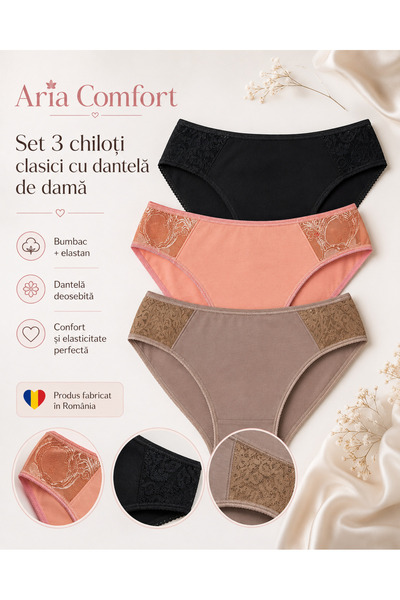 Aria Comfort ✨ Set 3 Chiloți Clasici Damă – Bumbac moale, (Negru, Bej, Portoc...