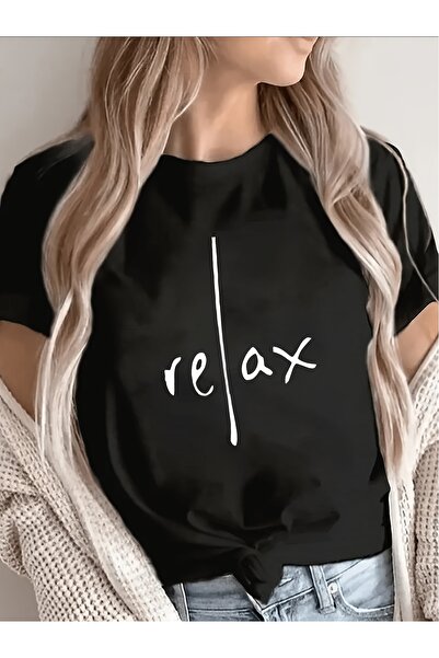 NOURAM Black Relaxed Fit Short Sleeve T-Shirt with White 'Relax' Cursive Ligh...