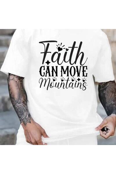 23 nisan تي شيرت رجالي مطبوع عليه عبارة Faith Moves Mountains، أبيض، برقبة دا...