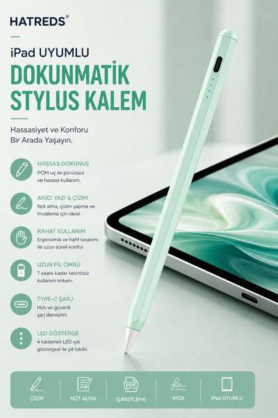 Hatreds iPad Uyumlu Type-C Şarjlı Dokunmatik Stylus Kalem POM Uçlu Hassas Çiz...