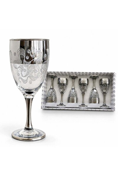 CASA JOY Pahar cu picior, set de 6, 18 cm, Model cu decor argintiu, Transpare...
