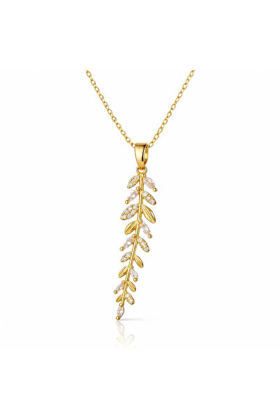 OEM Colier Leaf Pendant auriu, din oțel inoxidabil, cu zirconiu cubic, placat...
