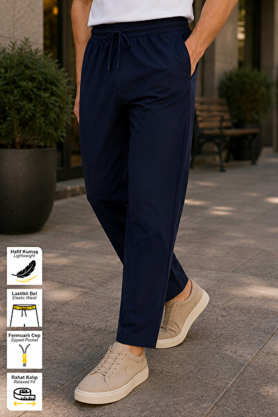 BESSA Navy Blue Summer Sweatpants Light Fabric Sporty Straight Leg Zipper Poc...