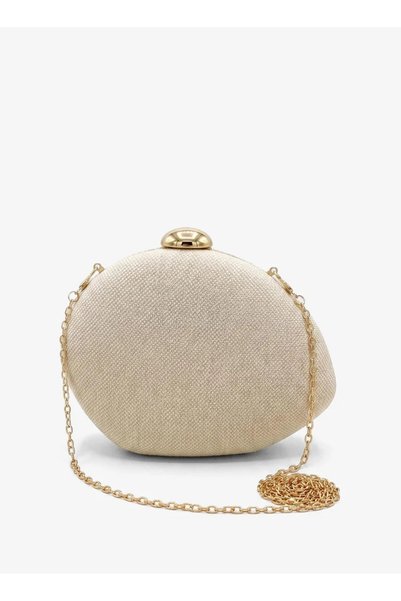 VİNY - Textured Clutch Bag with Chain Strap - Beige