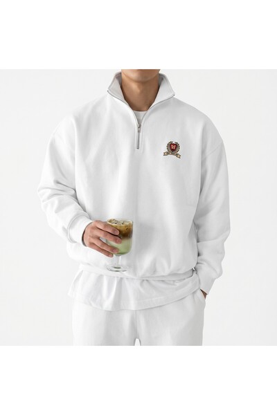 FS CABİN Women's *Men's Black College Style Embroidered Oversize Half-Zip Sta...