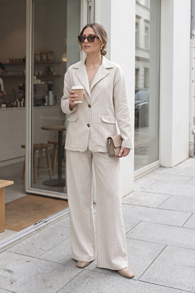 MODAQU Double-Breasted Collar Striped Linen Suit with Trousers - Stone
