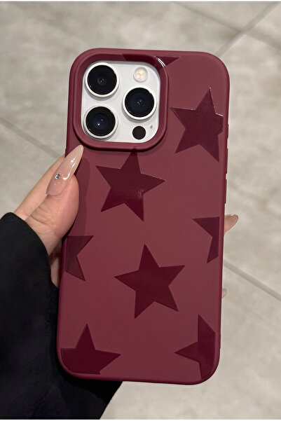 KVK PRİVACY iPhone 16 Pro Uyumlu Bordo Kabartmalı Yıldız Desenli Kadifemsi So...