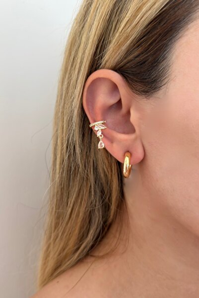 Lavian Accessories Gold Damla Taş Detaylı Sallantılı Earcuff