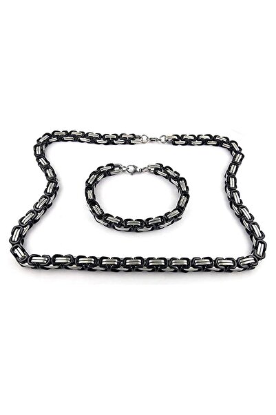 THE Steel طقم سوار وقلادة من الفولاذ باللون الفضي والأسود، موديل سلسلة بيزنطية