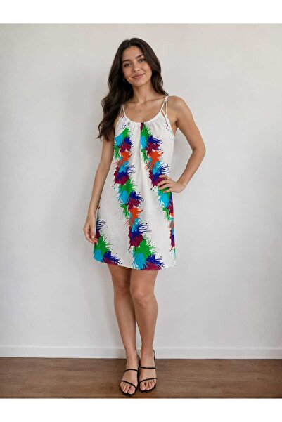 Clothify Women's White Patterned Thin Strap Mini Dress Summer Casual Dress