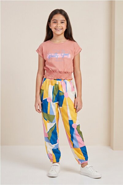 MAVİ BONCUKK Girl's Printed Gipeli Blouse and Patterned Jogger Pants Set
