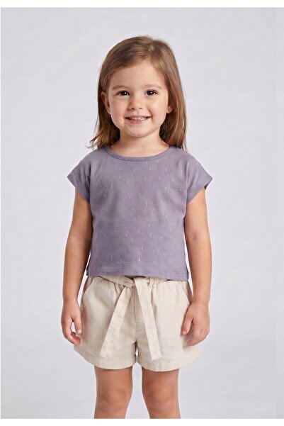 MAVİ BONCUKK Girl's Stone Detailed T-Shirt and Belted Shorts Set