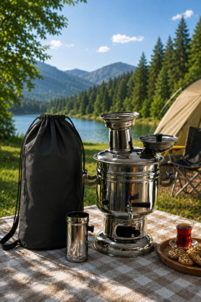 pratikoutdoor Paslanmaz Çelik Krom Semaver 4.5 Litre - Çantalı - Kömür & Odun...