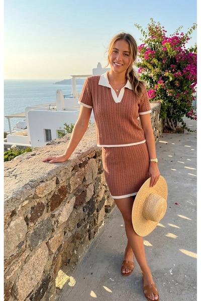 Chordi Summer Polo V-Neck T-Shirt Blouse Mini Skirt Knitwear Set