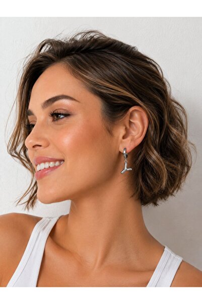 yes ticaret Letter-Stoned Steel Dangle Earrings for Women – Silver Color
