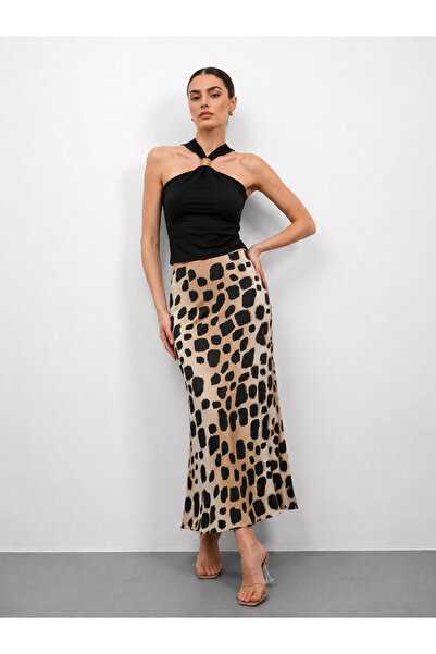MAİMODA Women's Patterned High Waist Flared Satin Skirt