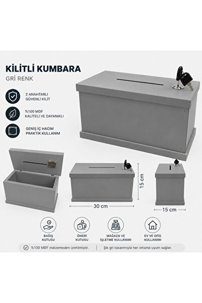 BOZKURT CNC Kilitli Kumbara 2 ANAHTARLI ŞIK – Gri Renk (30x15 x15 cm)