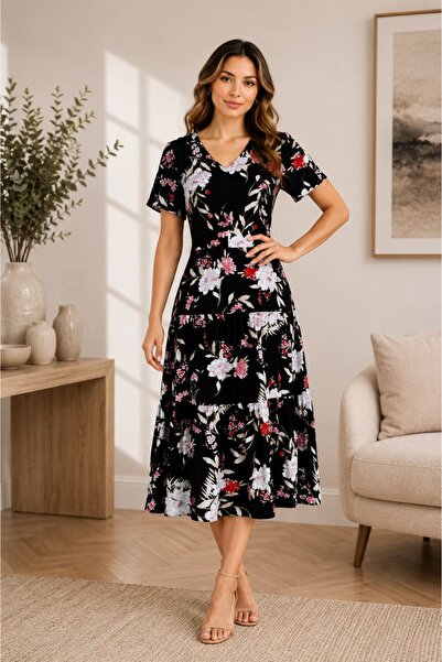 Bad Ro 24-38 - Rochie midi damă din vascoza 100 cu imprimeu floral, croi leje...