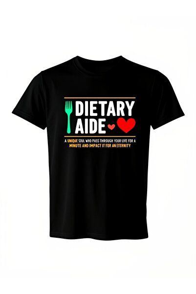 2mcup تي شيرت أسود بطباعة عبارات جريئة 'DIETARY AIDE' ورمز شوكة خضراء، تي شير...