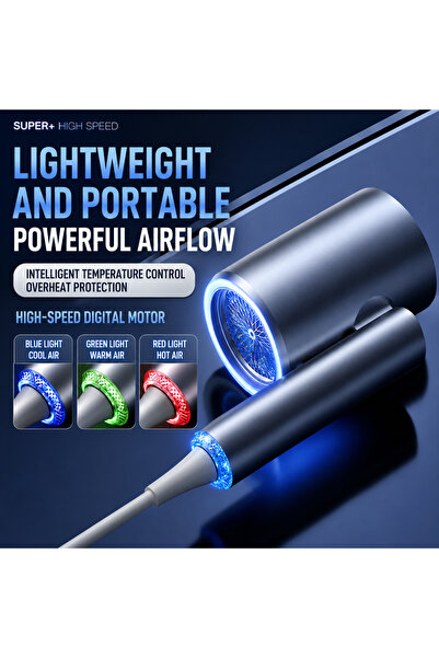 OEM Uscător de Păr Pliabil, Motor de Mare Viteză, 3 Trepte de Temperatură cu Iluminare LED, Control Inteligent al Temperaturii, Protecție la Supraîncălzire, Duză Concentratoare, ALBASTRU /ARGINTIU