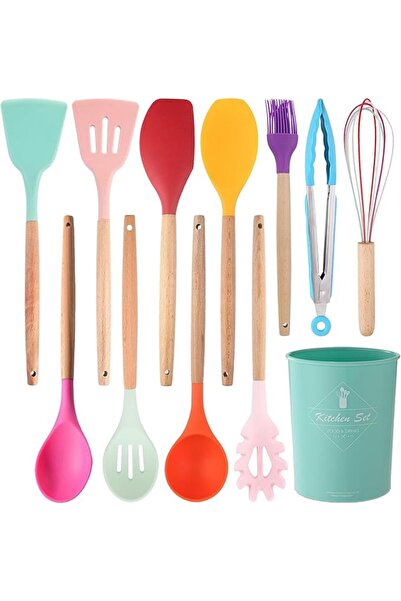 Arabest 12-Piece Silicone Utensil Set, Heat Resistant, BPA-Free, Solid Wood H...