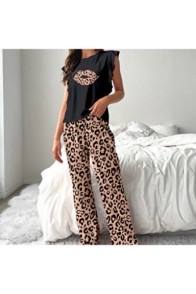 OEM Set pijama două piese pentru damă cu print leopard, top cu volane și pant...