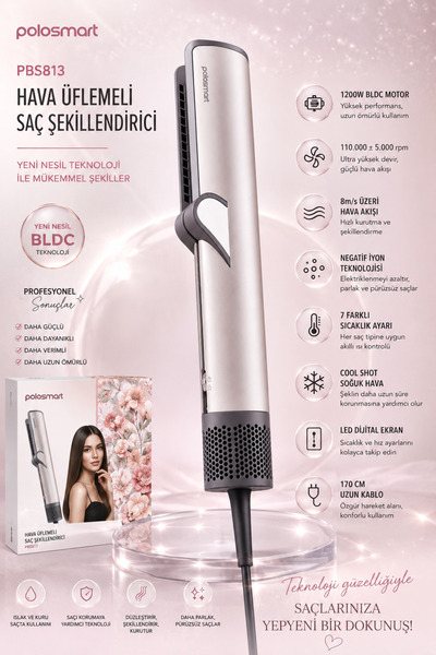 Polosmart Rosemary Shela PBS813 Hava Üflemeli Saç Şekillendirici, 1200W BLDC ...