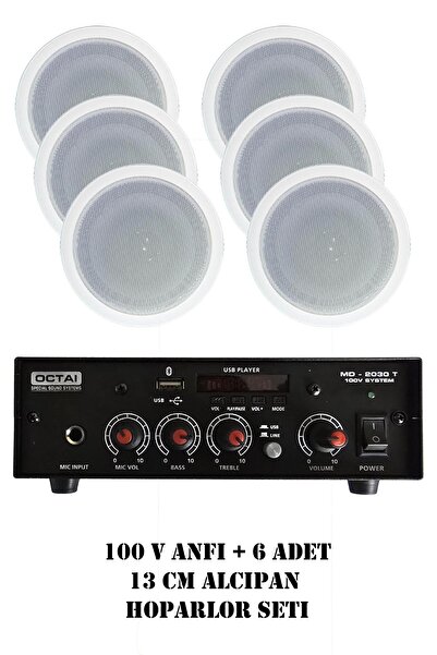GenelTedarik 100V Octai Anfi ve 6 Adet 13 cm Alçıpan Tavan Hoparlör Seti Cafe...