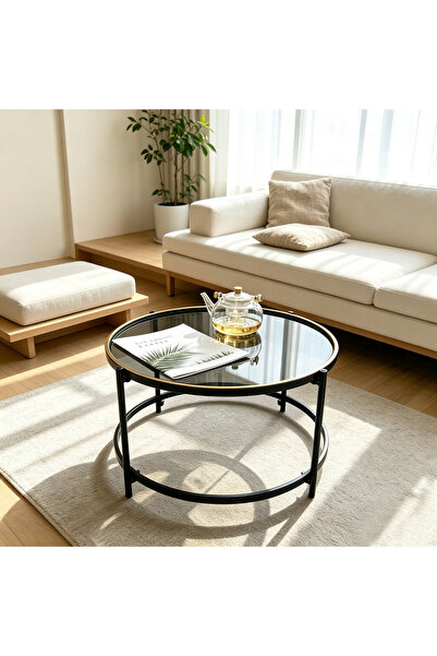 Sinyin 2-Tier Round Glass Coffee Table, Modern Minimalist Side Table with Bla...