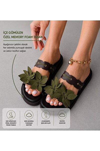 AYS SHOES Women's Leather Comfortable Sole Slippers with Floral Accessories
