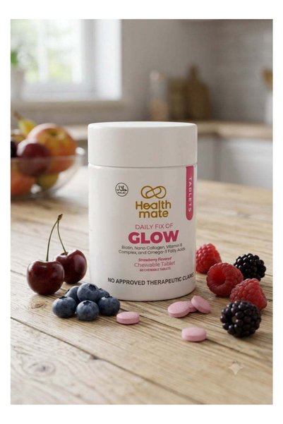 health mate Glow Strawberry Flavored Chewable Tablets With Biotin, Nano Collagen, Vitamin B Complex & Omega-3 – 60 Tablets