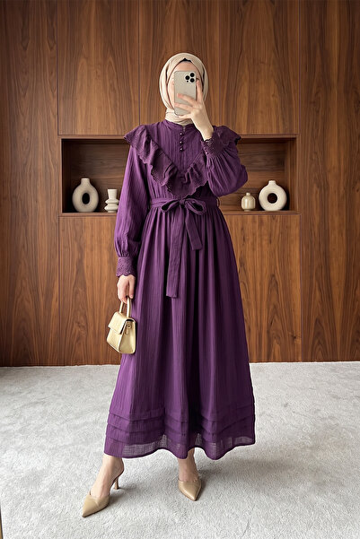 MODAQU Scalloped Lined Crinkle Dress - Purple