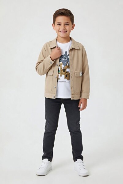 Cansın Mini Cream Emblem Jacket and T-Shirt Boys' 3-Piece Trouser Set 24016
