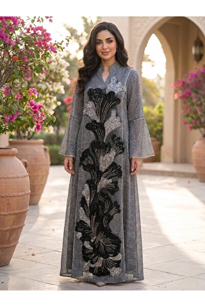 Finelook Shimmer Jalabiya with Black & Golden Sequin Floral Embroidery | Mode...