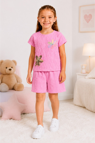DUBAİ ÇOCUK Girl's 2-Piece Shorts Set Summer Short-Sleeved T-Shirt Elastic Wa...