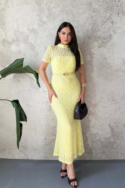 Elbee Fashion Woman Sarı Dantel Detaylı Elbise