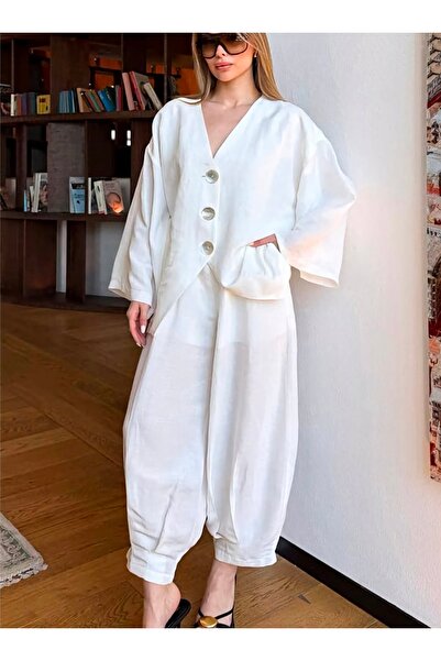 PINARKAYASTYLE Women's White Cotton Linen Shalwar Cut Pants Shirt Set