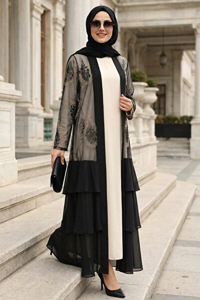 Neva Style Nakışlı Güpür Siyah Fırfırlı Tesettür Abaya 63262S