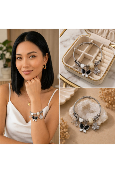 FM 💎   Premium Silver Color Black Butterfly and Clover Charm Detailed 316L S...