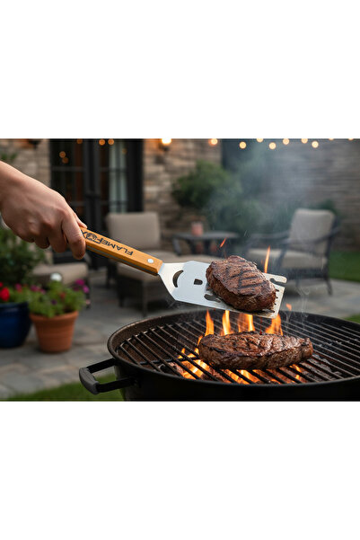 FLAMEFOX® Spatulă pentru grătar 5in1 – Inox + mâner din lemn (Argintiu/Maro)