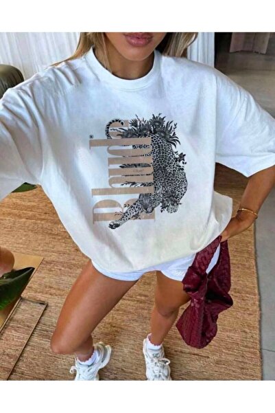JANTIL MODA Tricou unisex alb supradimensionat cu imprimeu grafic retro 🎨