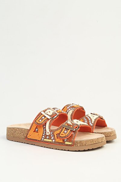 Pierre Cardin Women's Orange Bead Embroidered Double Buckle Cork Sole Slippers