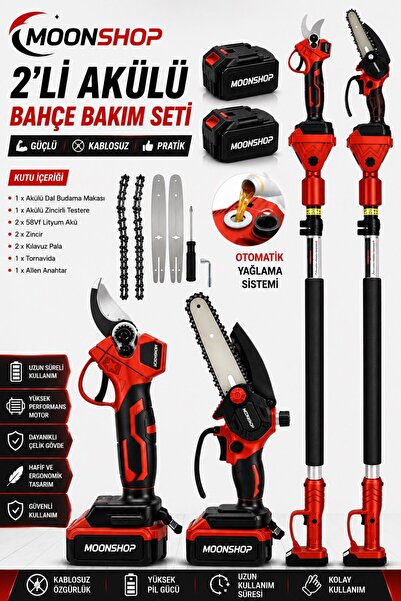 MOONSHOP 2’li Akülü Bahçe Bakım Seti Çift Akülü Dal Budama Makası + Mini Zinc...