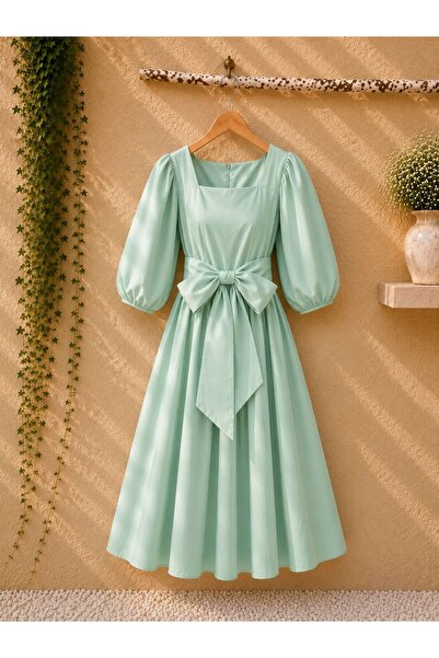 KÜÇÜĞÜM BUTİK Mint Green Flared Large Bow Square Neck Poplin Dress