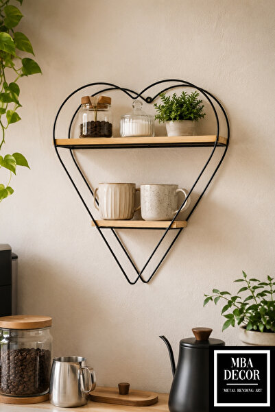 mba decor metal bending art Heart Design 2-Tier Wooden Wall Shelf with 4 mm S...