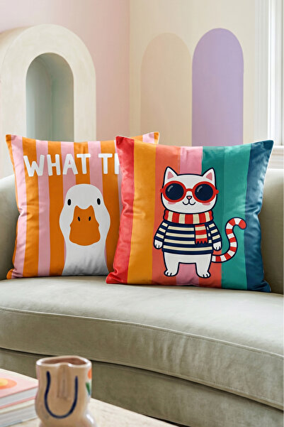 Artvibe Set de 2 huse de pernă cu designul What The Duck și Pisica cu ochelari