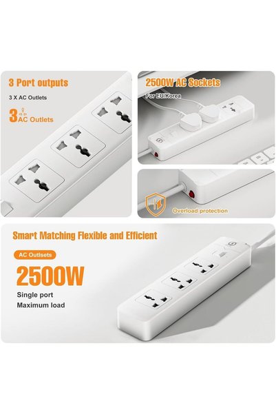 INFLUX EXT Extension Cord 3-Outlet 3 Meter, Power Strip with Surge Protection, Universal Plug, 13A 250V, 3 Pin UK Plug, Overload Protection for Home, Office & Electronics – White